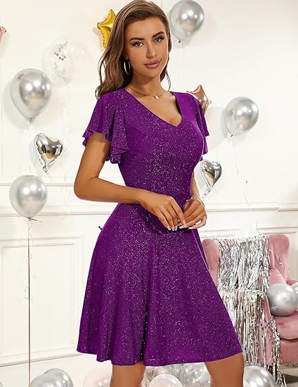 Purple Sequined V-Neck Ruffle Sleeve Dress